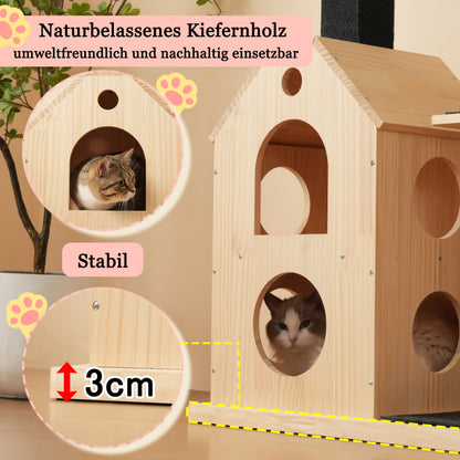Katzenbaum aus Massivholz mit Laufrad mit 4 Plattformen, 2 Katzenhäusern, Sisalpfosten & waschbaren Kratzmatten, 80×40×152 cm