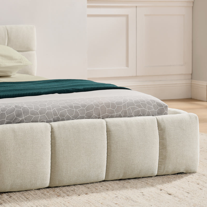 Doppelbett 140x200 cm, Bett mit seidig weichem Chenille - Bezug, quadratischem Steppdesign, Beige (ohne Matratze)