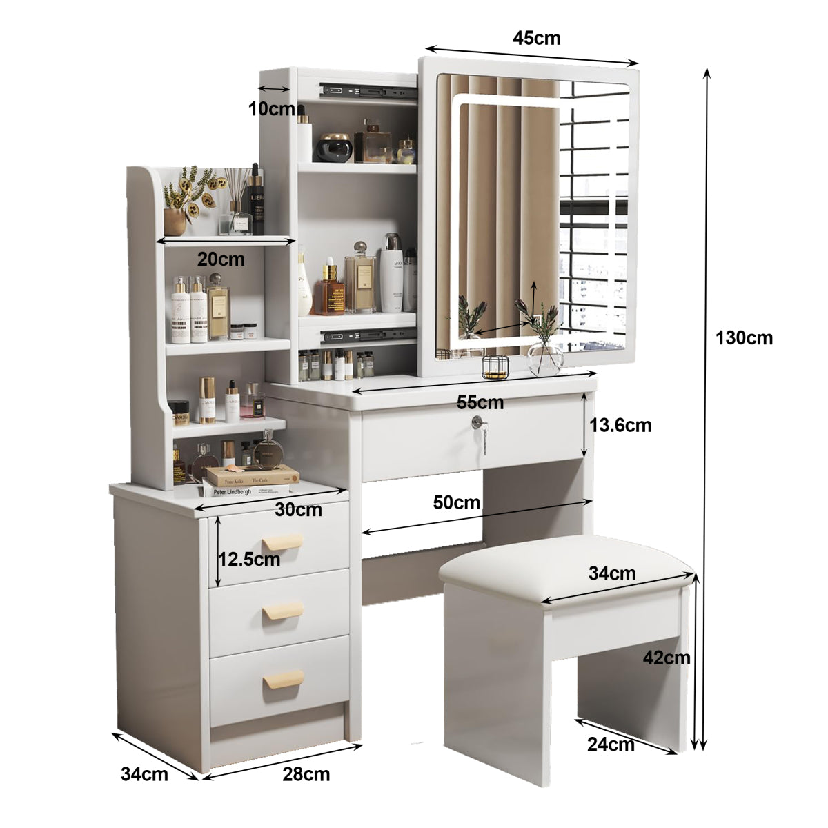 Luxus Schminktisch LED, 3 Lichtfarben, 4 Schubladen, inkl. Hocker, Weiß