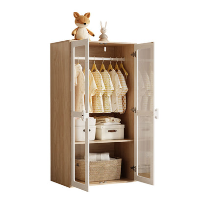 Kinder Kleiderschrank, zweitüriger Glastür-Schrank mit Kleiderstange und verschiebbaren Regalen, Keks-Form-Holzgriffen, weiß+natürliches Holz