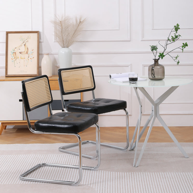 Mittelalterliche moderne Esszimmerstühle, ein Satz von 2-Rattan Esszimmerstühlen mit weichen gepolsterten Kunstlederelementen, armlose Mesh Rückenlehne Rattan Stühle, Metall Chrom Beine(Black)