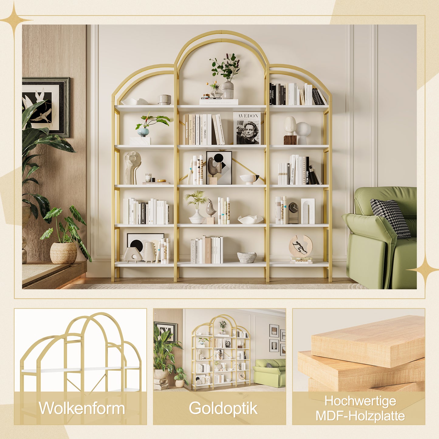 Regal im schlichten Stil, fünf Schichten Stauraum, einzigartige Wolkenform, einfach zu montieren und zu reinigen, Gold + Weiß