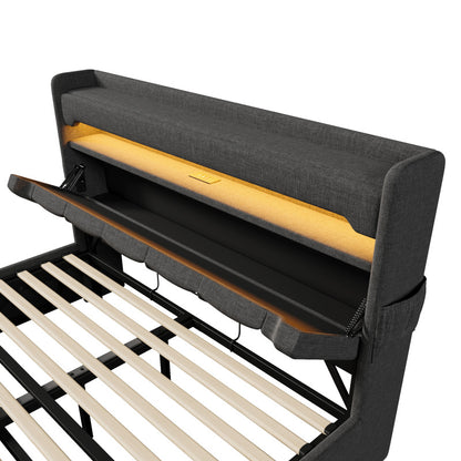 Polsterbett Doppelbett 180*200, Stauraum Kopfteil mit USB und Typ C-Port ,360-Surround-LED-Funktion rund um Kopf- und Fußende des, Betten mit Hydraulisch Stauraum, Grau , Leinen(Ohne Matratze)