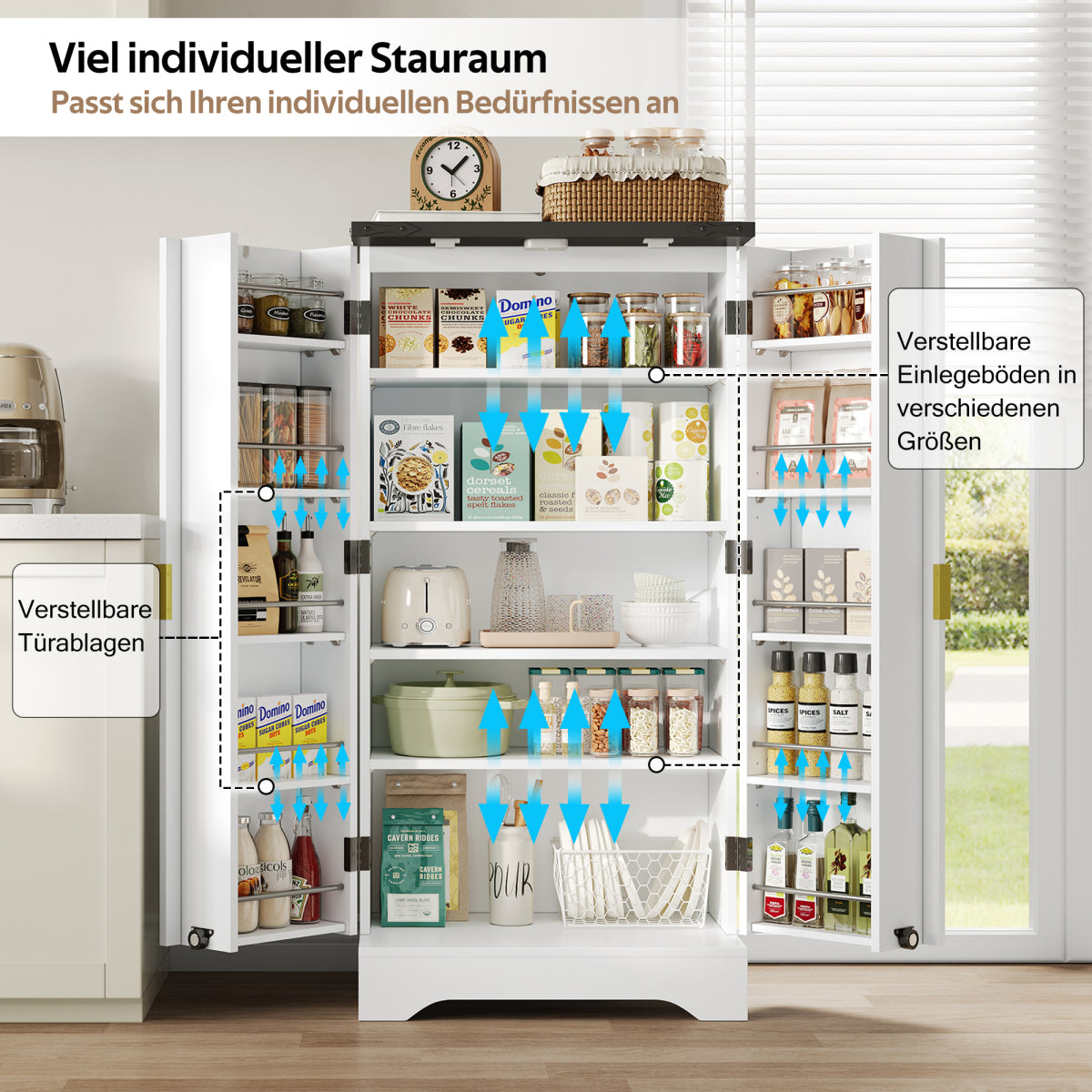 Hochschrank Weiß 120 cm, Buffetschrank mit LED-Sensorlicht, Anrichte mit Gerillten Türen & Türablagen, Goldgriffe