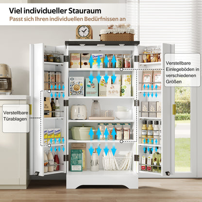 Hochschrank Weiß 120 cm, Buffetschrank mit LED-Sensorlicht, Anrichte mit Gerillten Türen & Türablagen, Goldgriffe