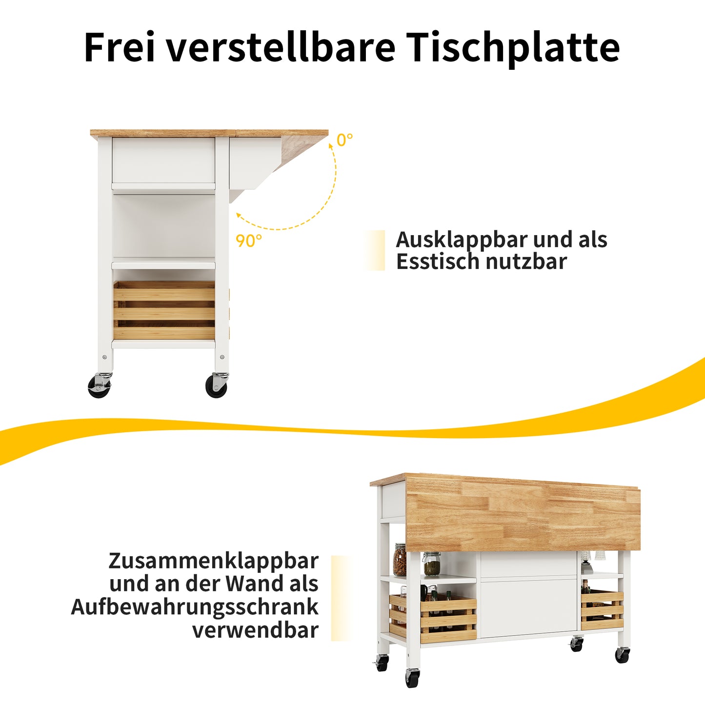 Moderne Kücheninsel Küchenschrank 120x45x90cm Esszimmerwagen mit Kiefernkorb Multifunktions Esstisch Holzmaserung Aufbewahrungskorb Weiß