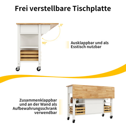 Moderne Kücheninsel Küchenschrank 120x45x90cm Esszimmerwagen mit Kiefernkorb Multifunktions Esstisch Holzmaserung Aufbewahrungskorb Weiß