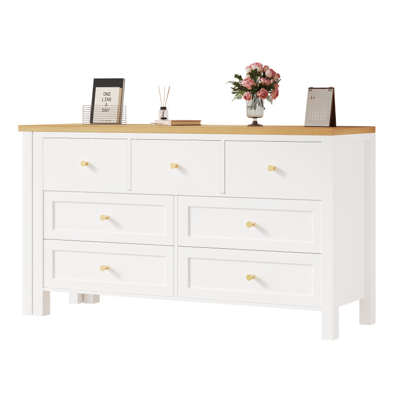 Schreibtisch mit 7-Schubladen Kommode -2-in-1 Dreh Werkbank und Sideboard, Eichenoptik, 360° drehbare Tischplatte, weiß / natur