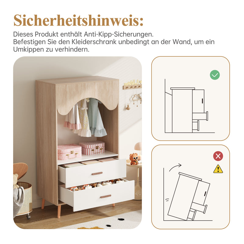 Kinderkleiderschrank, Kleiderschrank mit Kleiderstange, mit Schubladen, Vollholz Griffen, aus Spanplatte, weiß+natürliches Holz