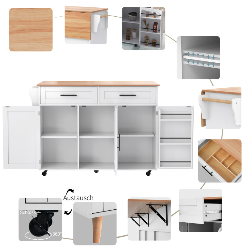 129x46(71)x91,5 cm großer Speisewagen/Sideboard, Arbeitsplatte mit Massivholzmaserung + Weiß Schrank/faltbare Arbeitsplatte/Aufbewahrungstür-Design/Räder/Massivholzfüße umschaltbar/für Zuhause geeig