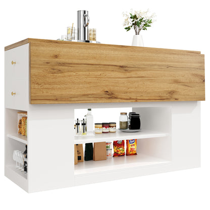Moderne Kücheninsel Weiß, Küchenschrank mit klappbarer Arbeitsplatte, Sideboard mit Schubladen & Regalen, Esstisch & Servierwagen, 140x70cm