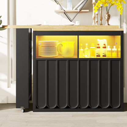 Ausziehbarer Bartisch 135-205cm mit LED & USB, Mobiler Hochtisch Schwarz, Teleskop-Kücheninsel mit Glas-Schiebetür & Soft-Close, Gestreift