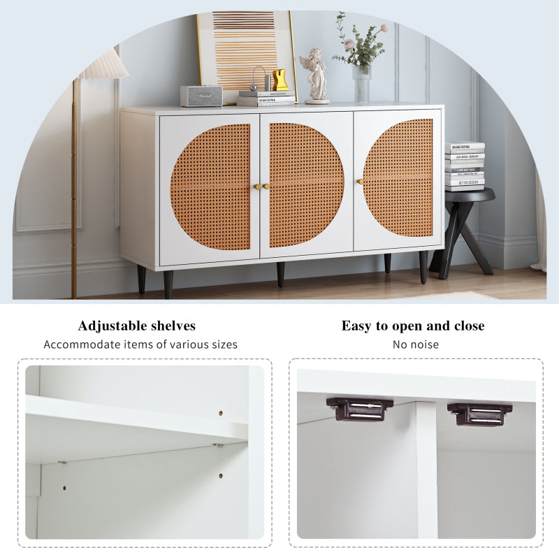 Sideboard mit 3 Rattan verzierten Türen Kommode Highboard mit Metallgriffe, für Schlafzimmer & Wohnräume & Büro, Weiß,129.8x 40x 76cm