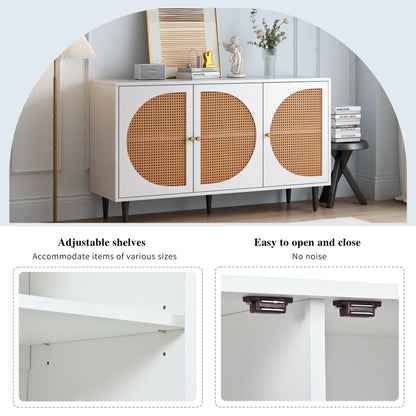 Sideboard mit 3 Rattan verzierten Türen Kommode Highboard mit Metallgriffe, für Schlafzimmer & Wohnräume & Büro, Weiß,129.8x 40x 76cm