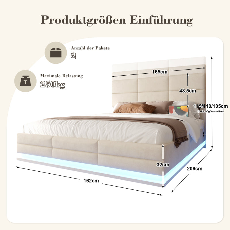 160x200 cm Modernes Velours-Polsterbett mit höhenverstellbarem Kopfteil - Inkl. USB/Type-C-Anschlüssen, LED-Ambientebeleuchtung, hydraulischem Lift-System & XXL-Stauraum (ohne Matratze) - Beige