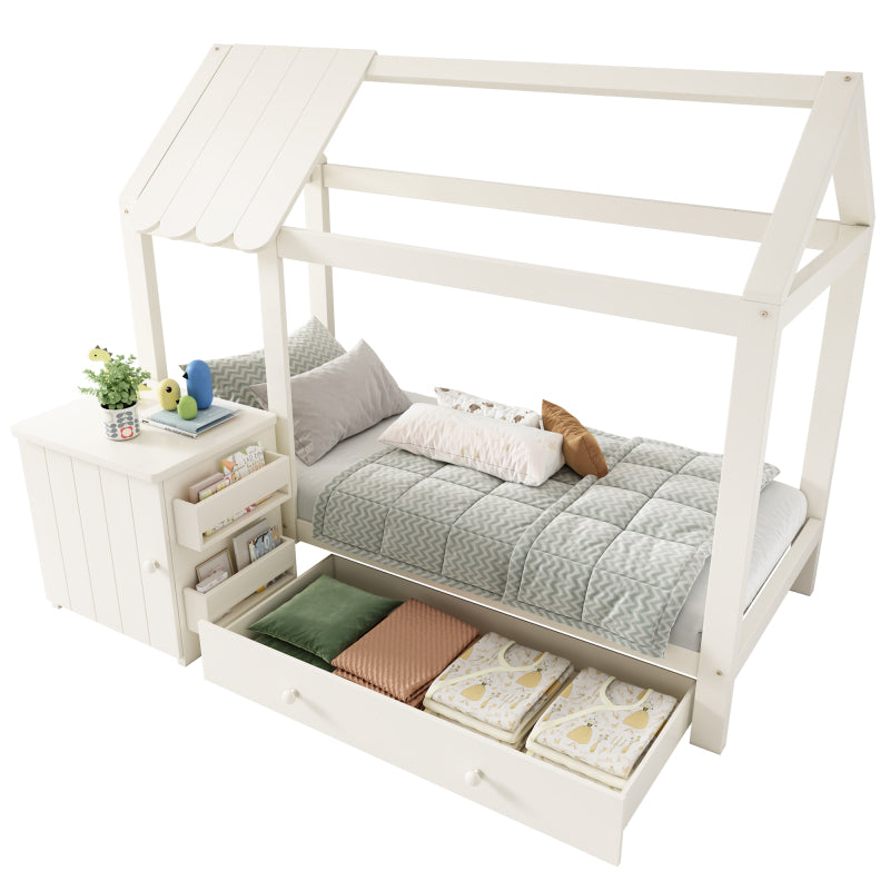 Hausbett Kinderbett 90x200 cm aus Massivholz mit Schubladen & abnehmbarem Nachttisch - Bodenbett in Weiß, ohne Matratze