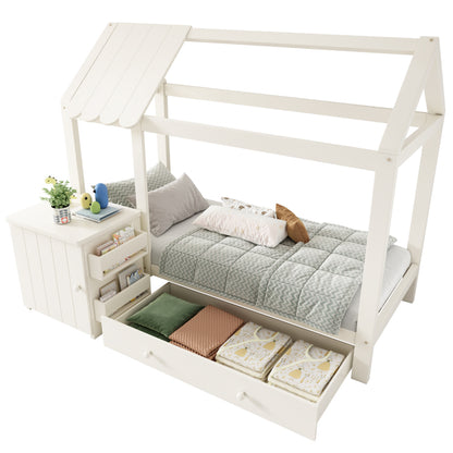 Hausbett Kinderbett 90x200 cm aus Massivholz mit Schubladen & abnehmbarem Nachttisch - Bodenbett in Weiß, ohne Matratze