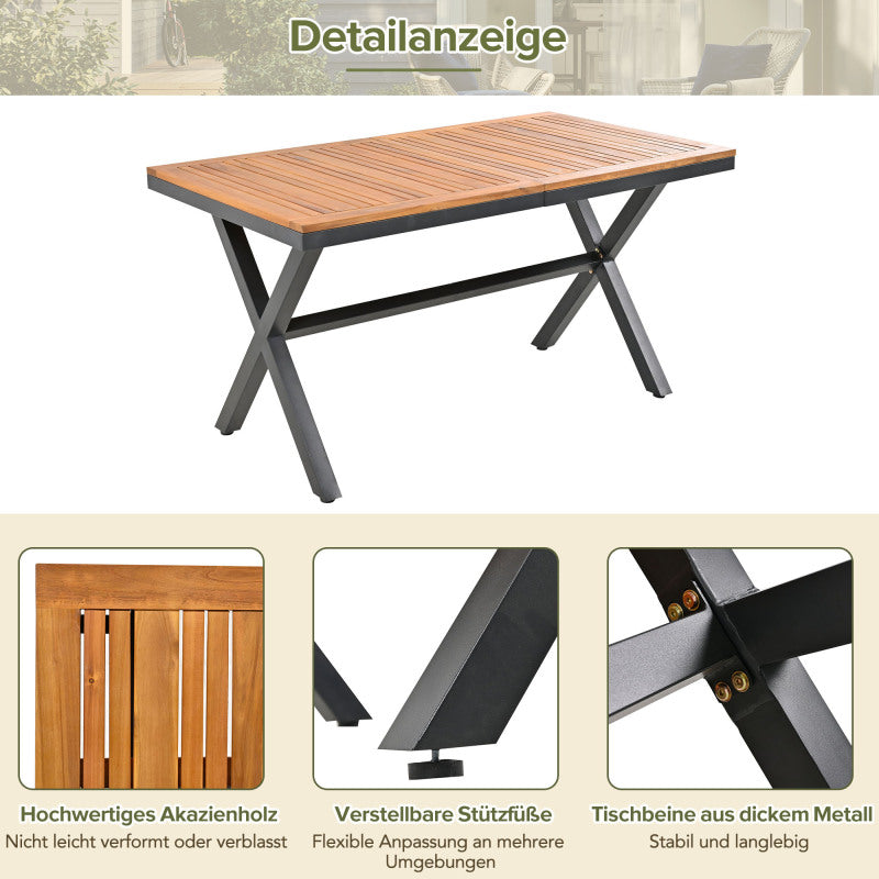 Garten-Essgruppe, 7-tlg, Garten-Lounge-Set aus Seil, 6 Sessel und 1 Tisch, Tisch aus Akazienholz, Mit Fußpolstern und sechs Sitzkissen, abnehmbar und waschbar