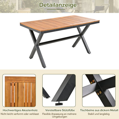 Garten-Essgruppe, 7-tlg, Garten-Lounge-Set aus Seil, 6 Sessel und 1 Tisch, Tisch aus Akazienholz, Mit Fußpolstern und sechs Sitzkissen, abnehmbar und waschbar