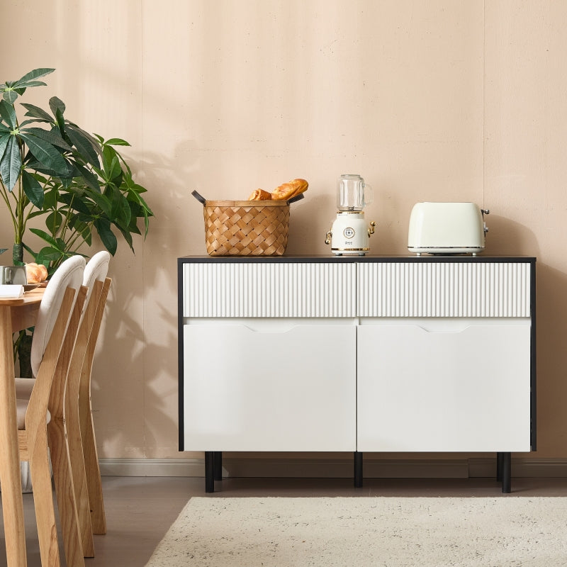 Aufbewahrungsschrank 120cm mit geriffelten Schubladen, schwarz-weißes Design, verstellbare Einlegeböden, 2 Türen, Sideboard-Buffet, Schrank-Organisator für Küche, Wohnzimmer, Esszimmer
