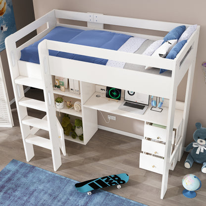 Kinderbett Hochbett mit USB-C Schreibtisch, Kleiderschrank und Aktenschrank, Jugendbett  Einzelbett mit Treppe und Lattenrost, Stauraum,90×200, Ohne Matratze