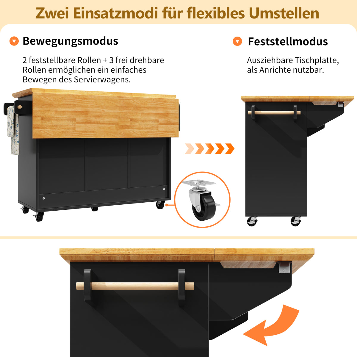 Kücheninsel mit Rollen & klappbarer Arbeitsplatte, Küchenwagen mit 5 Schubladen, Handtuchhalter & Gewürzregal, Sideboard 120cm, Weiß/Schwarz