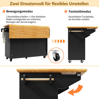 Kücheninsel mit Rollen & klappbarer Arbeitsplatte, Küchenwagen mit 5 Schubladen, Handtuchhalter & Gewürzregal, Sideboard 120cm, Weiß/Schwarz