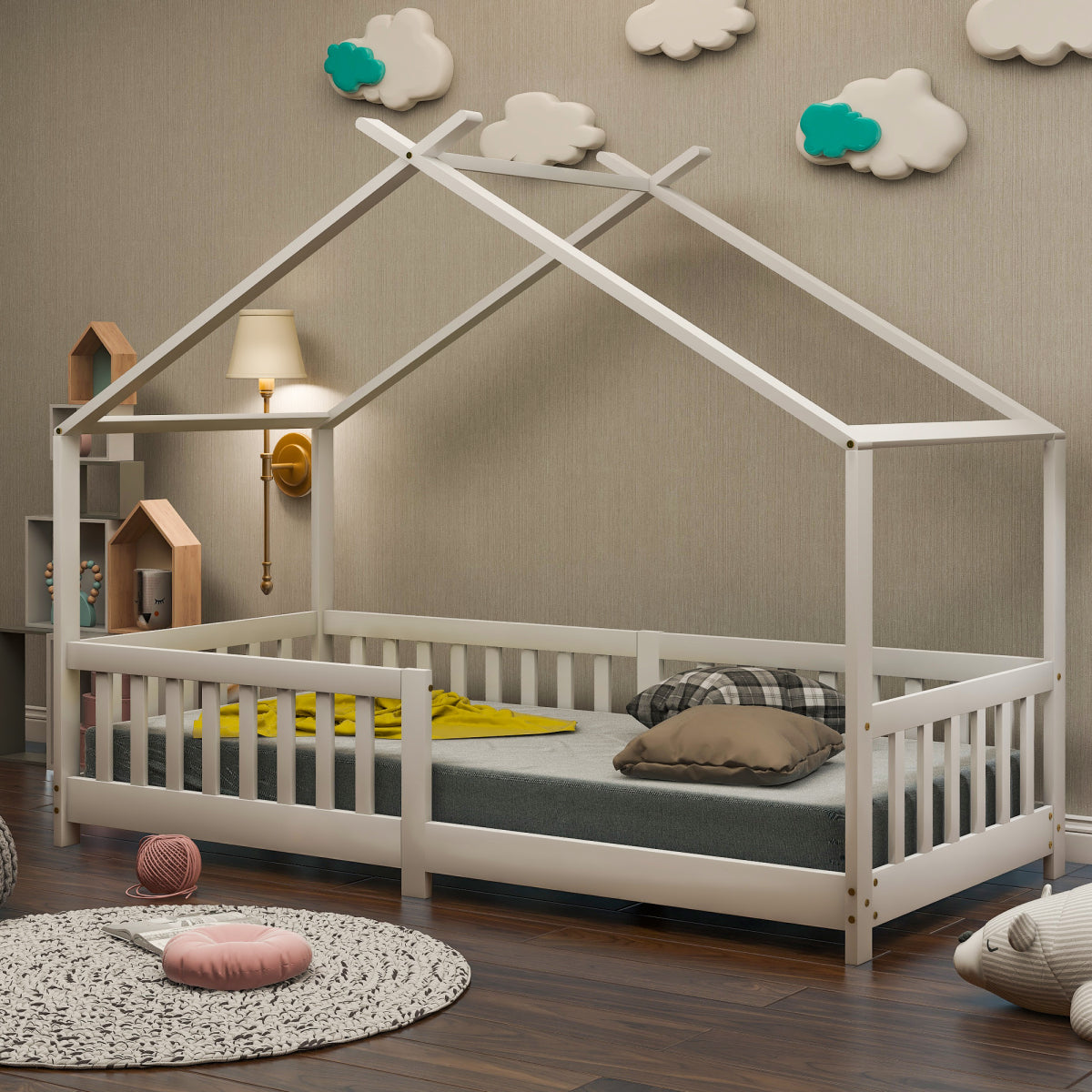 Hausbett 90x200 Weiß, Kinderbett mit Rausfallschutz & Lattenrost, Abenteuerbett Kiefer Massivholz