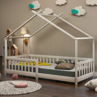 Hausbett 90x200 Weiß, Kinderbett mit Rausfallschutz & Lattenrost, Abenteuerbett Kiefer Massivholz