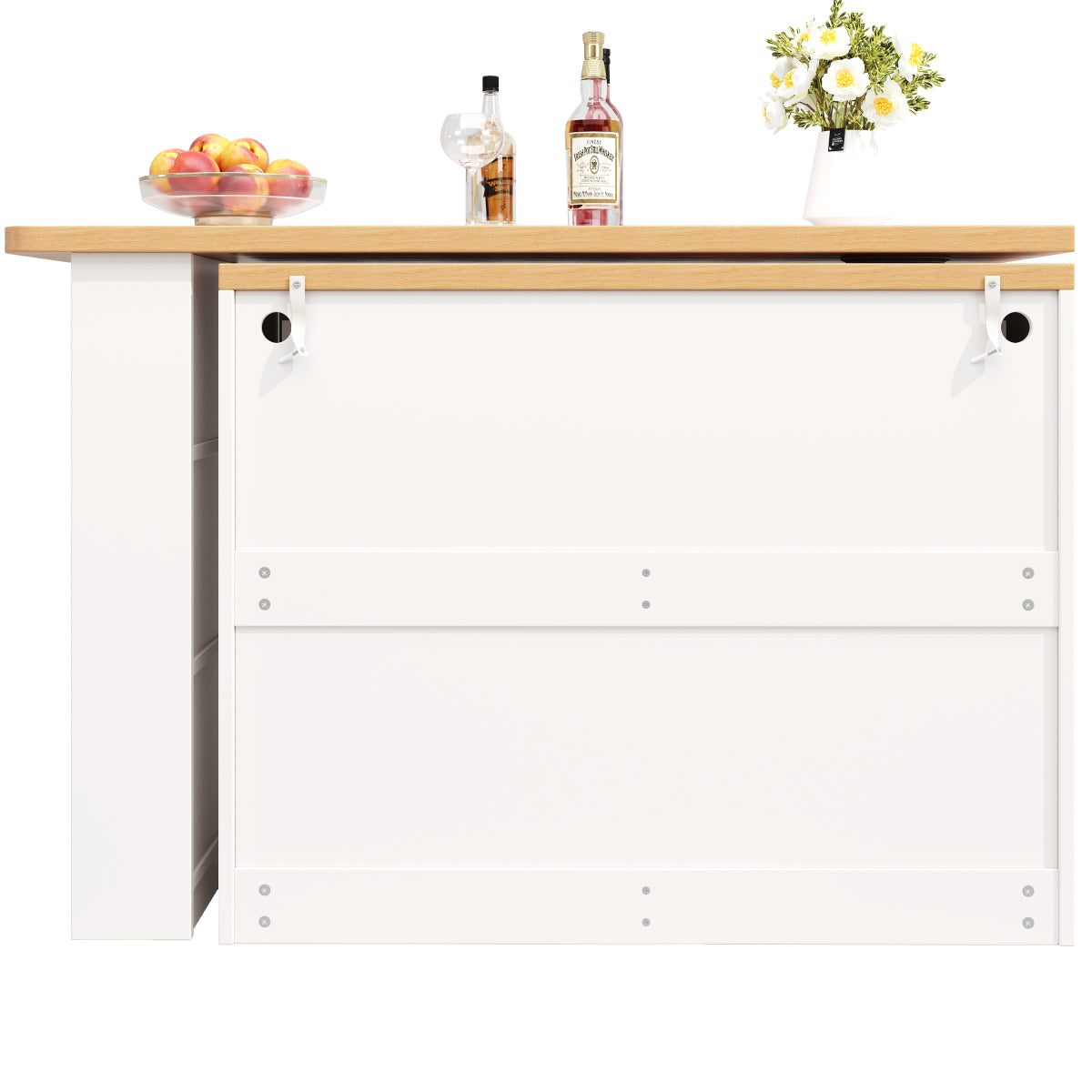 Bartisch ausziehbar 135-203cm, 360° drehbarer Stehtisch mit App-LED-Steuerung & Musik-Modus, Weißer Hochtisch mit 4 Schubladen & Regal