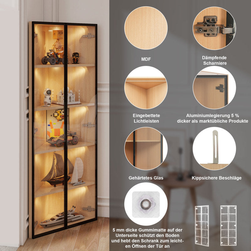 Eckvitrine, Eiche-Optik: Glasvitrine für Sammlungen, Bücher, Wein oder als Badezimmerschrank 62x35x160cm