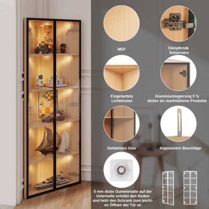 Eckvitrine, Eiche-Optik: Glasvitrine für Sammlungen, Bücher, Wein oder als Badezimmerschrank 62x35x160cm