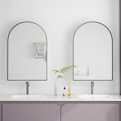 Stylish Arched Mirror Cabinet, Recessed Medicine Cabinet, Wall Cabinet with Metal Framed, Mirror and Adjustable Shelves, Mirror Cabinet with Storage for Bathroom, Living Room and Bedroom, Black