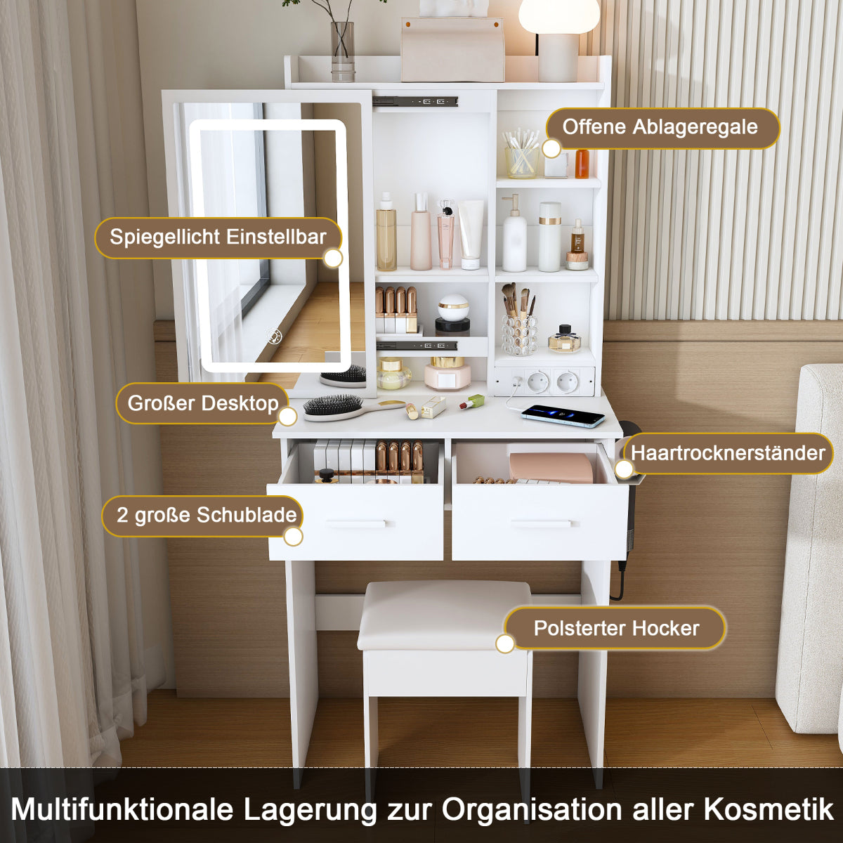 Kleiner Schminktisch LED, USB/Steckdose, 3 Lichtfarben, Hocker, Platzsparend