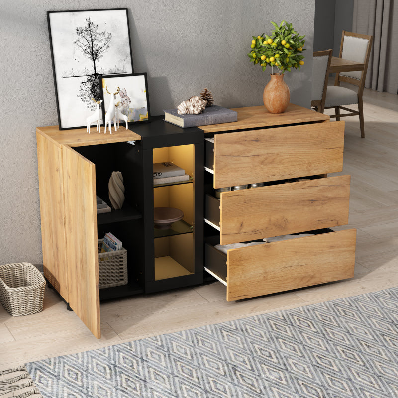 Sideboard, Modernes Anrichte Schrank Buffetschrank Sideboard mit 3 Schubladen,Accent Konsolentisch-Aufbewahrungsschrank mit Glas, Breite 140 cm