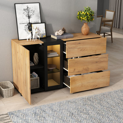 Sideboard, Modernes Anrichte Schrank Buffetschrank Sideboard mit 3 Schubladen,Accent Konsolentisch-Aufbewahrungsschrank mit Glas, Breite 140 cm