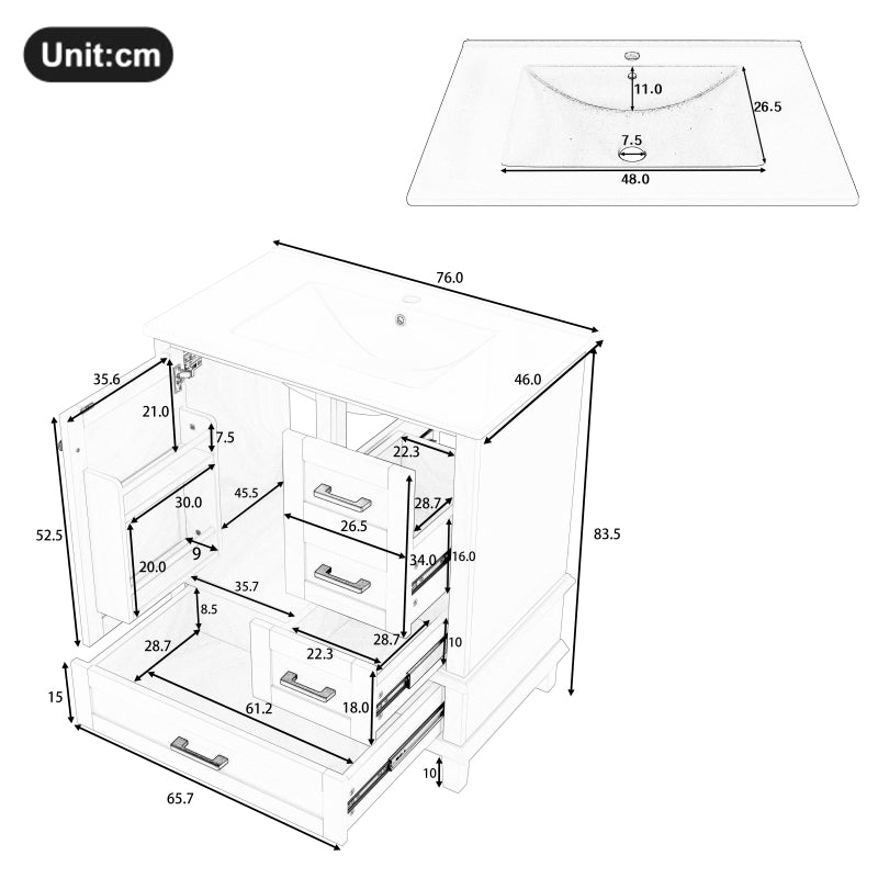 76x46x83,5cm Bodenstehender Badezimmerschrank mit Waschbecken, Waschtisch, komplett lackiert, Türregal, drei geräuschlose Schubladen, integriertes Keramikwaschbecken, weiß