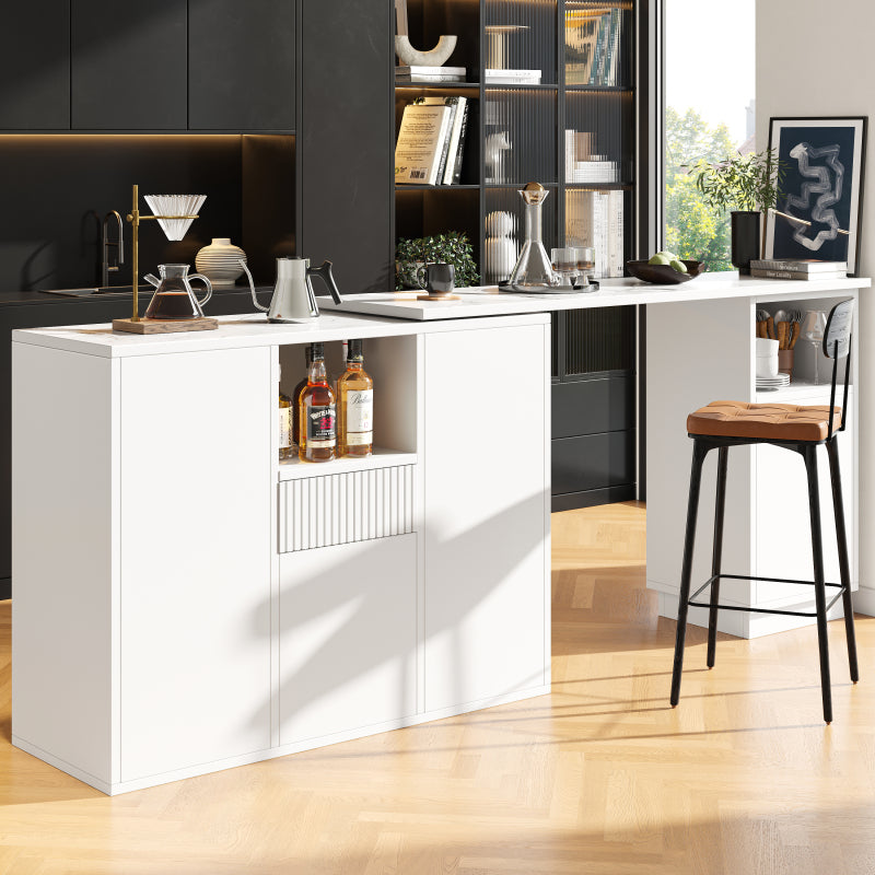 Um 360° drehbarer Bartisch (Hauptkörper 198,5 x 30 x 75 cm), modernes und schlichtes weißes Design, mit offenem Stauraum und Marmor-Arbeitsplatte, geeignet für Küche, Wohnzimmer und Esszimmer