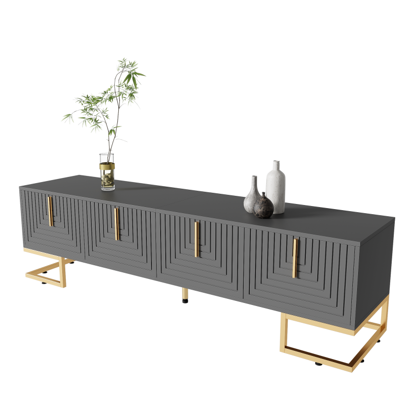 TV-Schrank,lowboard mit strukturierter Tür, TV-Möbel, goldenen Griffen und goldenen Füßen.