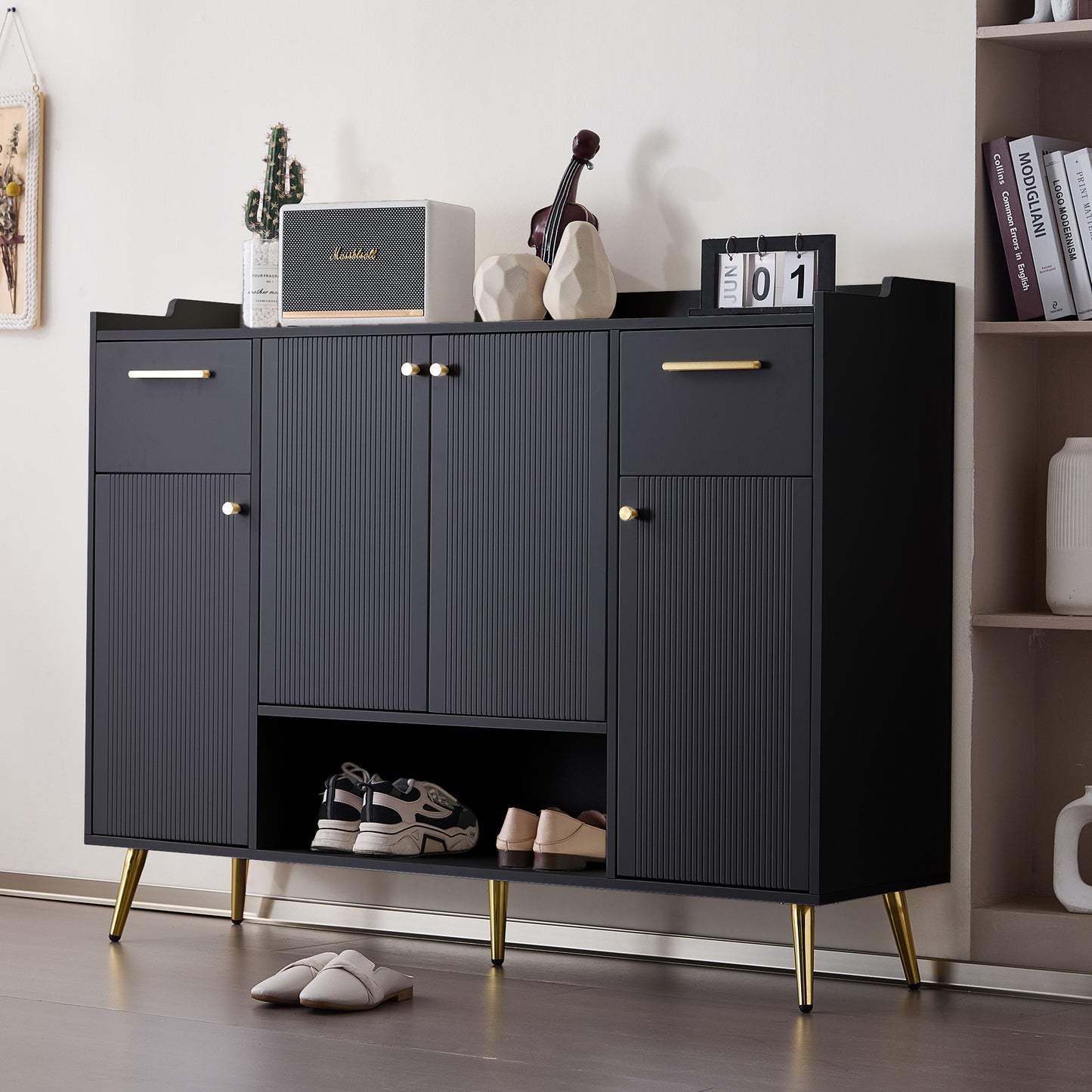 Schuhschrank, Schuhregal mit 2 Schubladen und 4 Türen, Metallfüße, schwarz