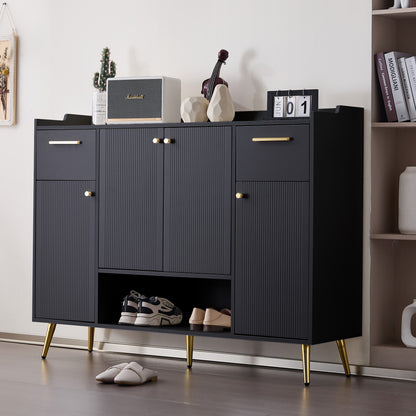 Schuhschrank, Schuhregal mit 2 Schubladen und 4 Türen, Metallfüße, schwarz