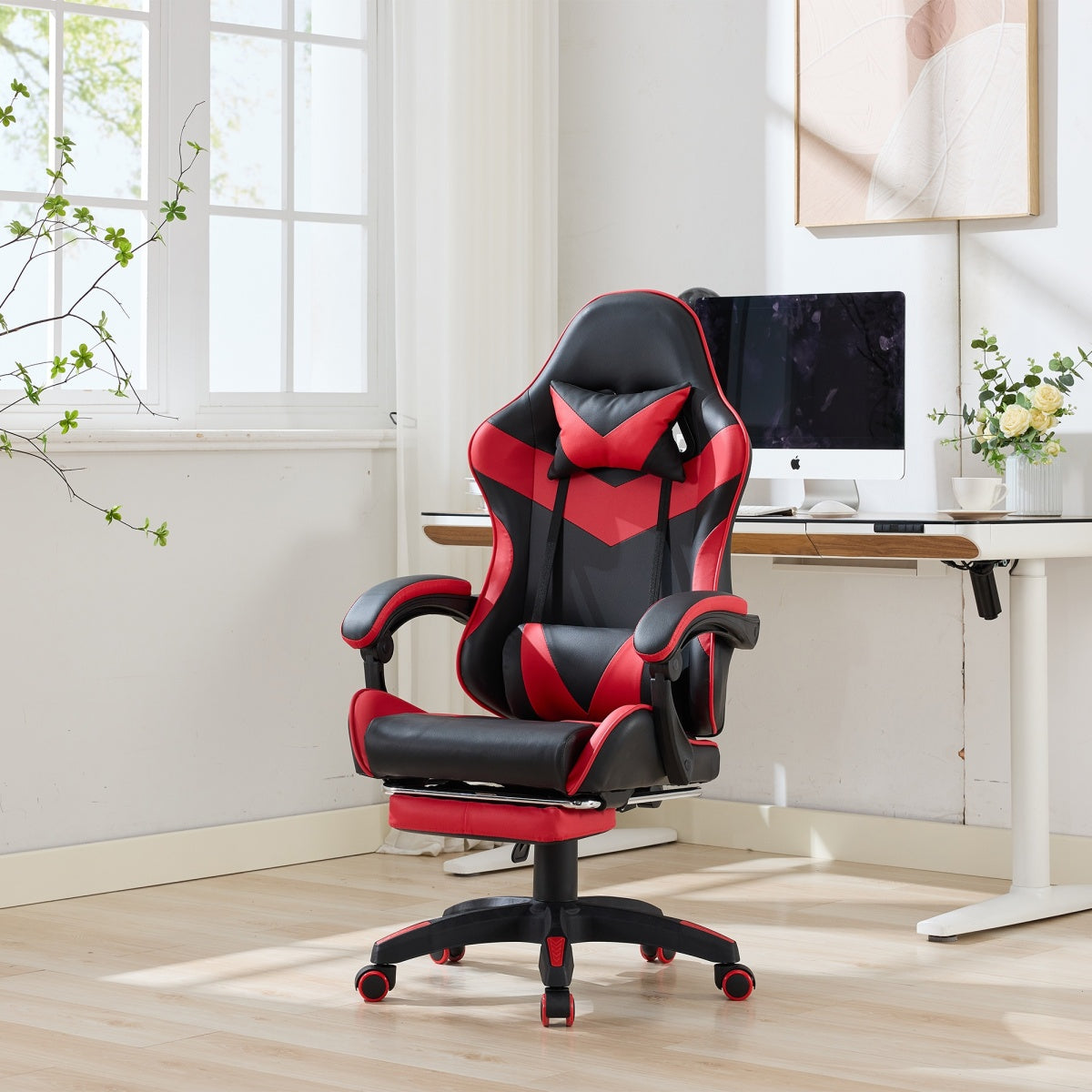 Gaming Stuhl Racing Design, 155° Liegefunktion, Fußstütze, Lendenmassage, Schwarz-Rot