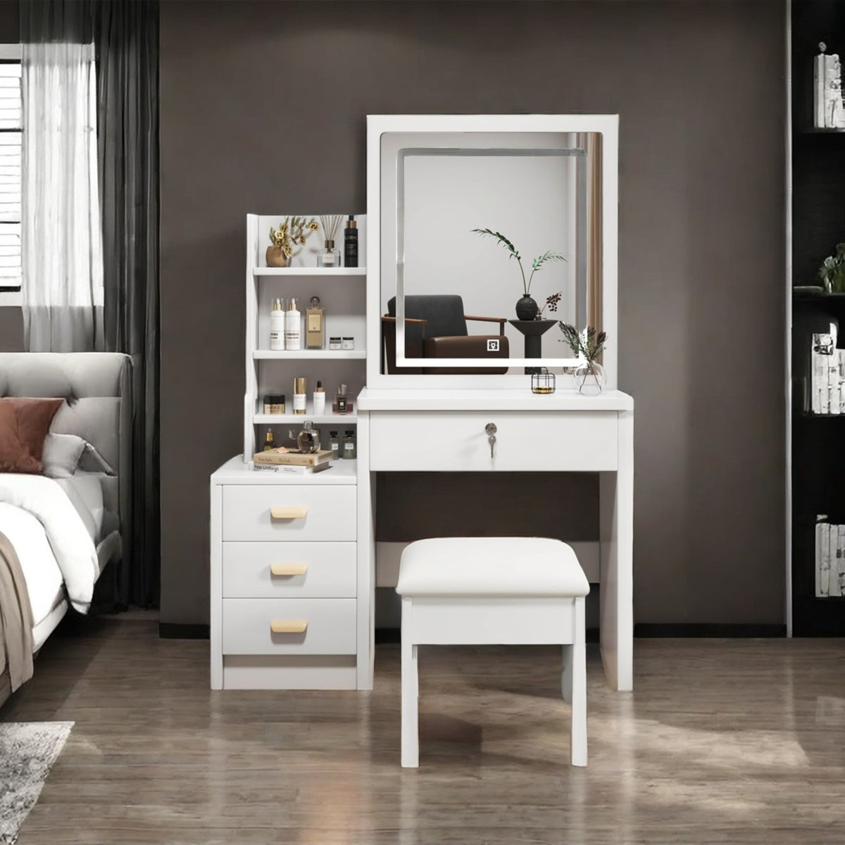 Luxus Schminktisch LED, 3 Lichtfarben, 4 Schubladen, inkl. Hocker, Weiß