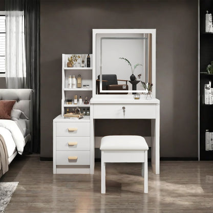Luxus Schminktisch LED, 3 Lichtfarben, 4 Schubladen, inkl. Hocker, Weiß