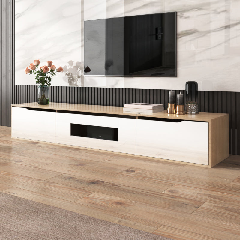 TV-Schrank, Hochglanz-TV-Schrank, farblich passend zu Hochglanz-Weiß und Holzfarbe, mit farbwechselndem LED-Licht.