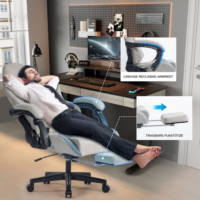Gaming Stuhl mit Fußstütze Gaming Stuhl Stoff Bürostuhl mit Lendenwirbelstütze Ergonomischer Gaming Sessel Gaming Stuhl 150 kg Belastbarkeit Gamer Stuhl Verstellbare Armlehne, Grau