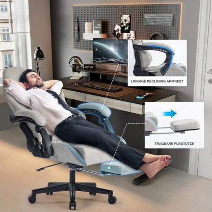Gaming Stuhl mit Fußstütze Gaming Stuhl Stoff Bürostuhl mit Lendenwirbelstütze Ergonomischer Gaming Sessel Gaming Stuhl 150 kg Belastbarkeit Gamer Stuhl Verstellbare Armlehne, Grau