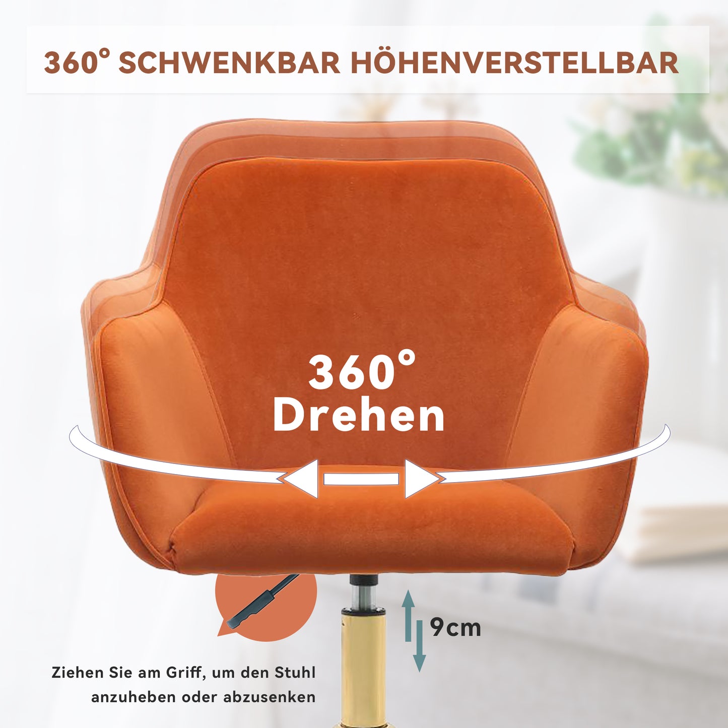 Neuer höhenverstellbarer Drehstuhl aus Samtstoff für das Büro im Innenbereich mit goldenen Beinen,Orange