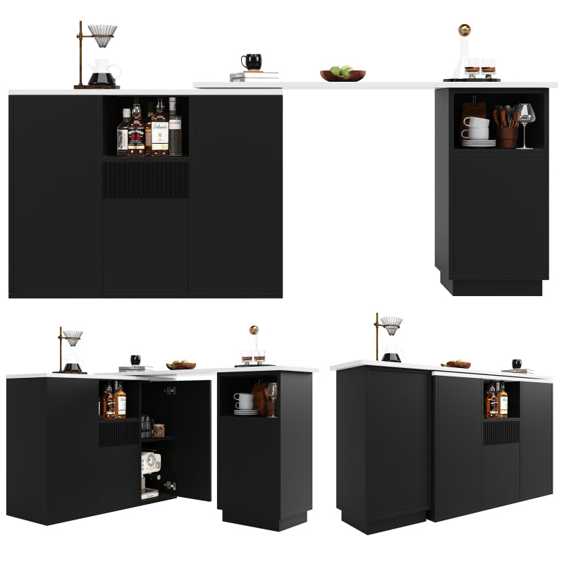 Um 360° drehbarer Bartisch (Hauptkörper 198,5 x 30 x 75 cm), modernes und schlichtes schwarzes Design, mit offenem Stauraum und Marmor-Arbeitsplatte, multifunktionale Aufbewahrungsinsel, geeignet für