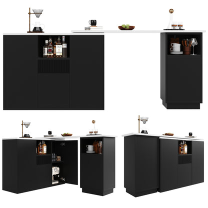Um 360° drehbarer Bartisch (Hauptkörper 198,5 x 30 x 75 cm), modernes und schlichtes schwarzes Design, mit offenem Stauraum und Marmor-Arbeitsplatte, multifunktionale Aufbewahrungsinsel, geeignet für